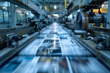 High-speed capture of a printing press in motion, showing blurred lines of text and imagery with a dynamic effect