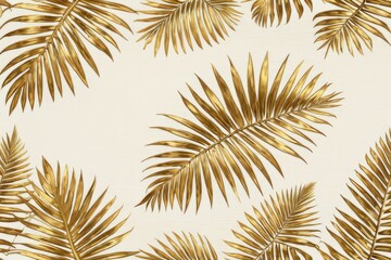 Graceful Botanical Charm: Intricate golden palm leaves adorning a textured cream surface, creating...