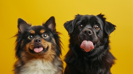 Obraz premium Banner pets eating. Portrait summer spring hungry cat and dog licking its lips with tongue. Isolated on yellow backgorund