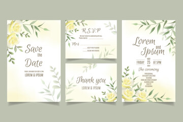 Wedding invitation template with yellow roses and leaves
