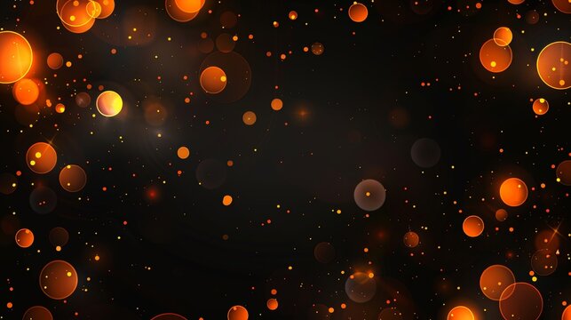 Illustration of orange gradient spots on dark surface, exposed photo film texture, sunlight leak bokeh effect, vintage footage on black background with abstract light flare effects.