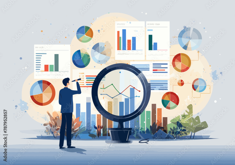 Poster business analyst examining data dashboard analytics - financial charts, seo graphs, vector man with 