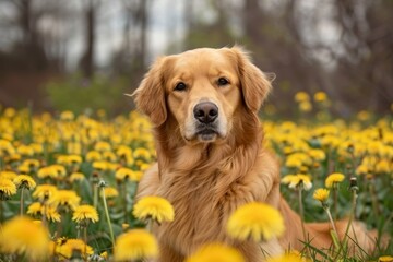 Young Golden Retriever posing with dandelions
