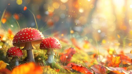 beautiful closeup of forest mushrooms in grass, autumn season. little fresh mushrooms, growing in Autumn Forest. mushrooms and leafs in forest. - Powered by Adobe