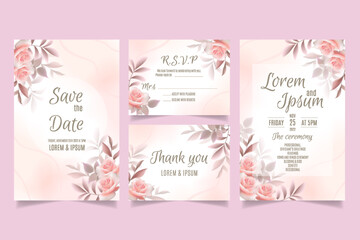 Wedding invitation template with pink roses and leaves