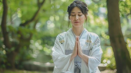 Asian woman with namaste hands, prayer hands pose, or the prayer mountain pose in the park.