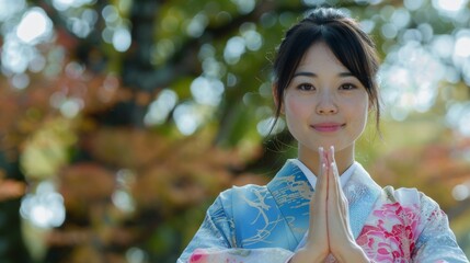 Cute Asian woman with namaste hands, prayer hands pose, or the prayer mountain pose in the park.