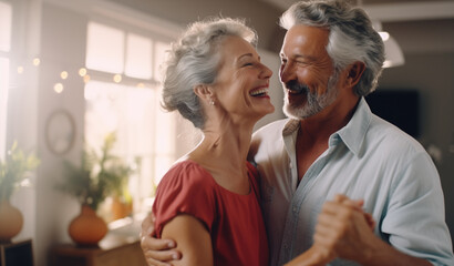 Happy senior couple dancing and laughing together in a bright home, generated ai