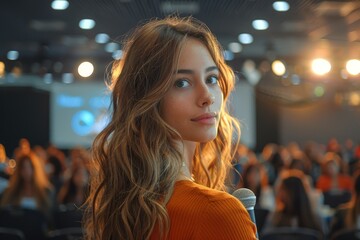 A young woman with a microphone stands in front of an audience in a conference hall, exuding confidence