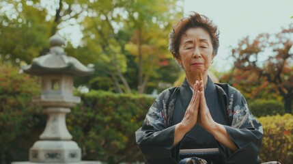 Senior Asian woman with prayer hands pose, or the prayer mountain pose in a park.