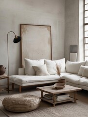A serene living room featuring a white couch and a stylish coffee table creating a cozy ambiance