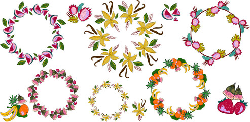 Tropical wreath, frame. Vector decor, doodle style. Set of exotic frames
