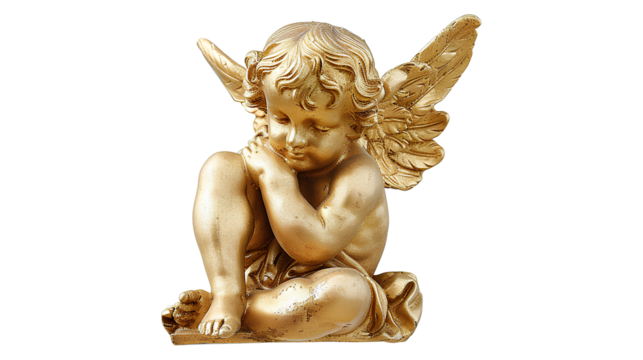 Gold cherub vintage sculpture isolated on a transparent background