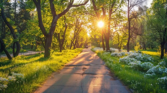 Beautiful road in green forest at sunset in summer. Colorful landscape with woods, bike road, walking people, sun rays, green trees, grass at sunny evening.