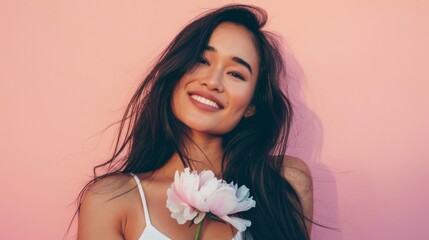 A cute Asian woman with a smile holding flowers leans against a pink wall portrait.