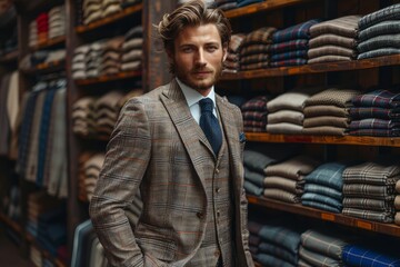 A dapper man in a well-fitted suit stands thoughtfully in front of shelves of fabric