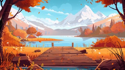 Illustration of a natural autumn scene with an orange and brown grass plantation, bushes, and trees on a pond shore. Cartoon modern illustration of an autumn landscape with a wooden pier on a lake at - obrazy, fototapety, plakaty