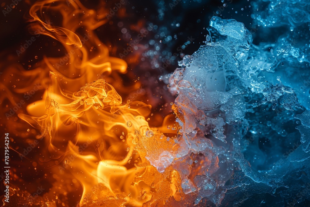 Poster dynamic and colorful depiction showing the interaction between fiery flames and cool blue water drop