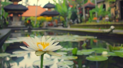 Blooming white Water Lilly in the pond, Ubud, Bali, Indonesia.