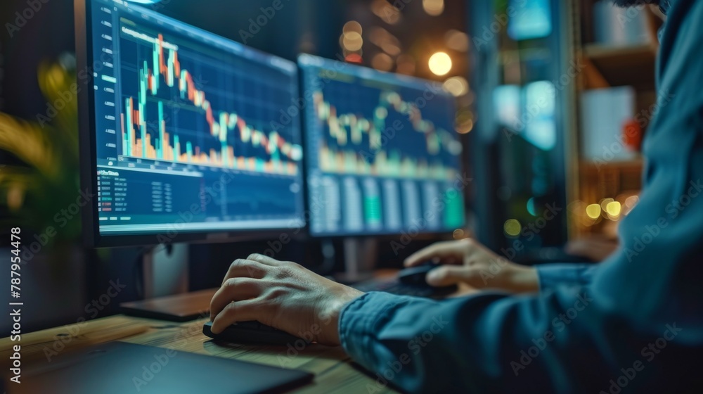 Aufkleber businessman using computer with stock market analysis, business growth graph report, data trading an