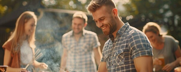 Smiling man in an apron is cooking on a grill with friends in garden. - obrazy, fototapety, plakaty