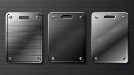 The modern set of metal nameplates or boards has a space for a sign. A realistic modern mockup with a silver plaque or stainless frame. A shape with a chrome texture.