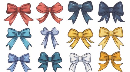 A set of cartoon bow knots and ribbons. A popular hair braiding accessory. Hand drawn modern illustration.