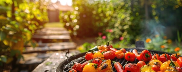 Vibrant image of grilled kebabs with a variety of vegetables and meats on a smoking barbecue in a garden. - obrazy, fototapety, plakaty