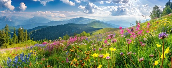 A breathtaking landscape of a mountain valley rich with a colorful assortment of wildflowers under a clear sky. - obrazy, fototapety, plakaty