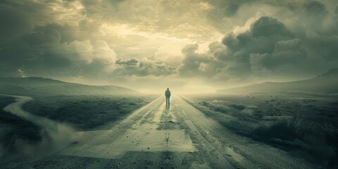 Man Standing on Dirt Road Under Cloudy Sky. Generative AI - obrazy, fototapety, plakaty