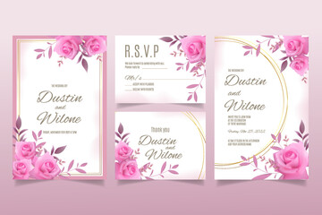 Wedding invitation template with pink roses and leaves