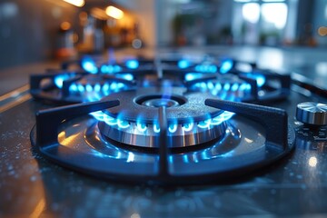 Vibrant blue flames emitting from a gas stove burner in a darkened kitchen setting - obrazy, fototapety, plakaty
