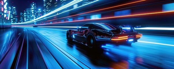 A sleek sports car bathed in neon lights speeds through a futuristic cityscape at night with neon...
