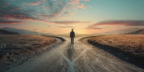 Man Standing on Dirt Road in Middle of Field. Generative AI