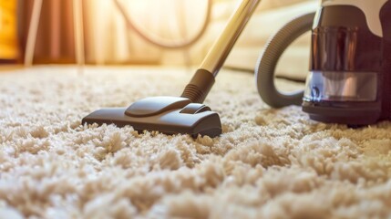 Vacuum cleaner on a carpet at home living room close-up shot.
