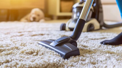 Vacuum cleaning a carpet at home living room close-up shot.