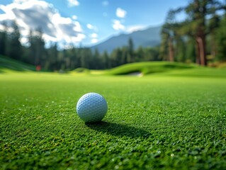 golf ball close up on green golf course, generative ai
