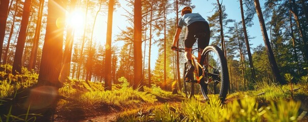 An active individual mountain bikes on a forest trail engulfed by sunlight and nature, exemplifying adventure and exploration.