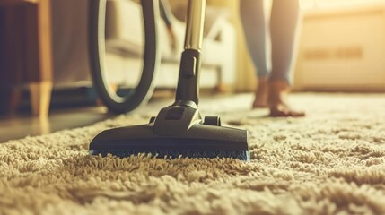 A person using a vacuum cleaner to tidy carpet at home close up.
