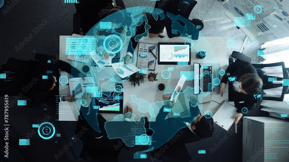 Poster top down aerial view of skilled business team listening manager present global networking system whi