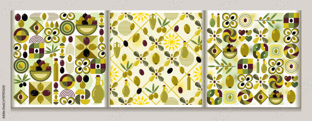 Poster seamless patterns with olive berry icons, abstract block geometric shapes. flat simple geometric sty
