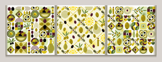 Seamless patterns with olive berry icons, abstract block geometric shapes. Flat simple geometric style. For branding, decoration of food package, decorative print for kitchen