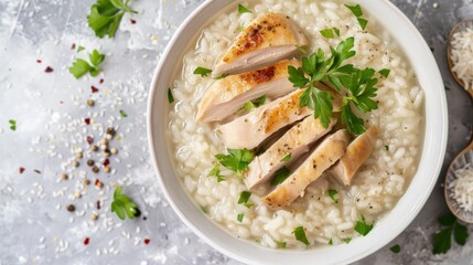 Chicken Porridge,rice soup with sliced chicken breast in white bowl.Asian breakfast style