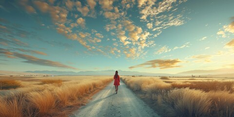 Woman in Red Dress Walking Down Dirt Road. Generative AI - obrazy, fototapety, plakaty
