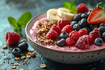 A hearty bowl of yogurt with a generous topping of fresh berries, banana, and crunchy granola, sitting on a dark stone surface - obrazy, fototapety, plakaty