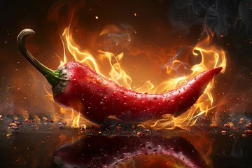Fotobehang Engulfed in flames, this red chili pepper symbolizes intense heat, adding drama to the concept of spice © Larisa AI