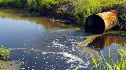 Wastewater discharge, Sewage pipe transporting polluted water into the canal, Environmental Pollution and contamination concept