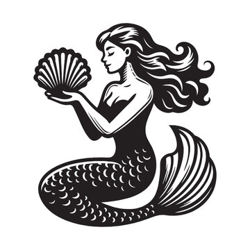 Beautiful mermaid holding a shell in her hands. Vintage retro engraving illustration. Black icon, isolated element	