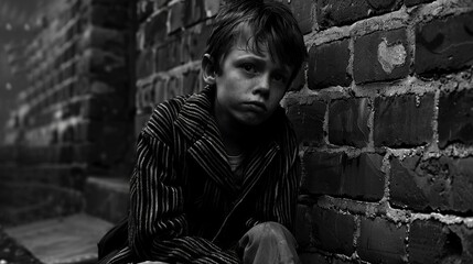 The sad boy sits alone in a dark alley.