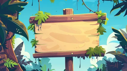 Foto op Canvas An illustration of a rustic wooden signboard on a rainforest background with green vines, tropical liana arch, game design elements, and a sunny blue sky. © Mark